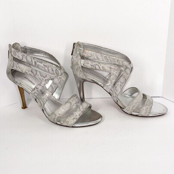 Antonio Melani Sandal Heels Strappy Snake Metallic Silver Leather Stiletto 8 M - Picture 5 of 16